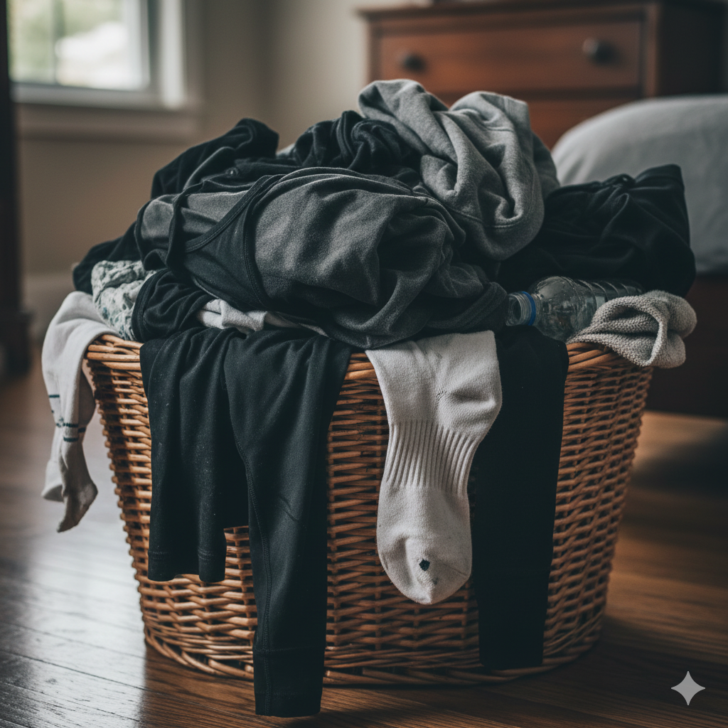 Cesto de roupas indicando que se deve retirar roupas sujas ou usadas.