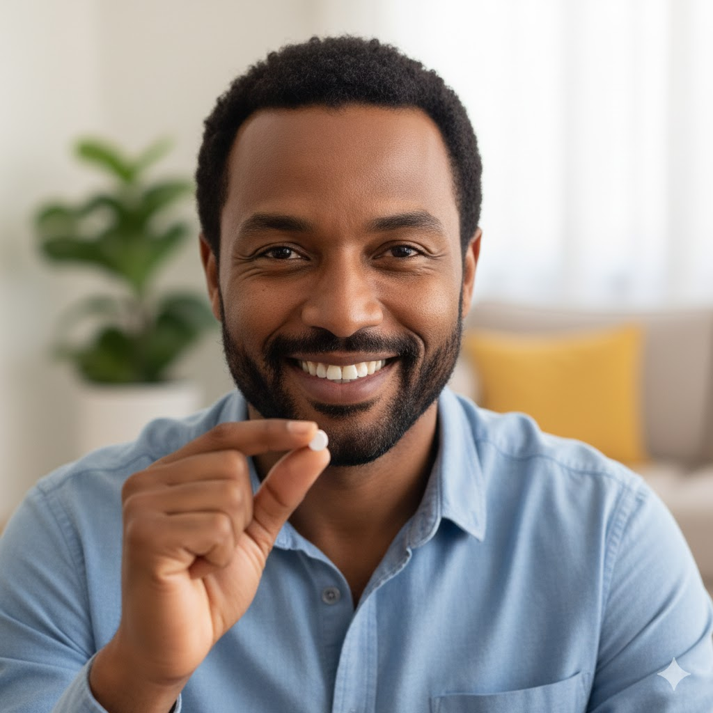 Homem feliz em tomar apenas um comprimido por dia.